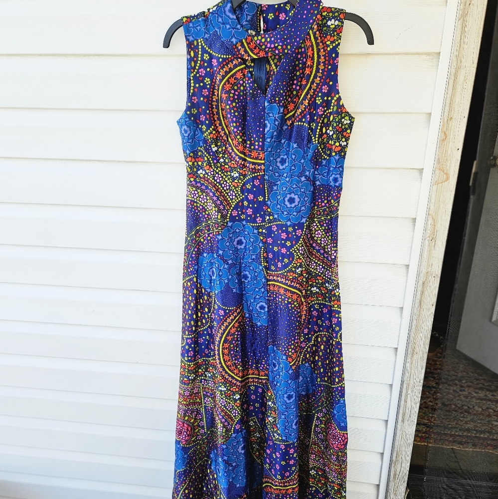 Vintage 1970s Women's Psychedelic Maxi Dress Handmade Sleeveless